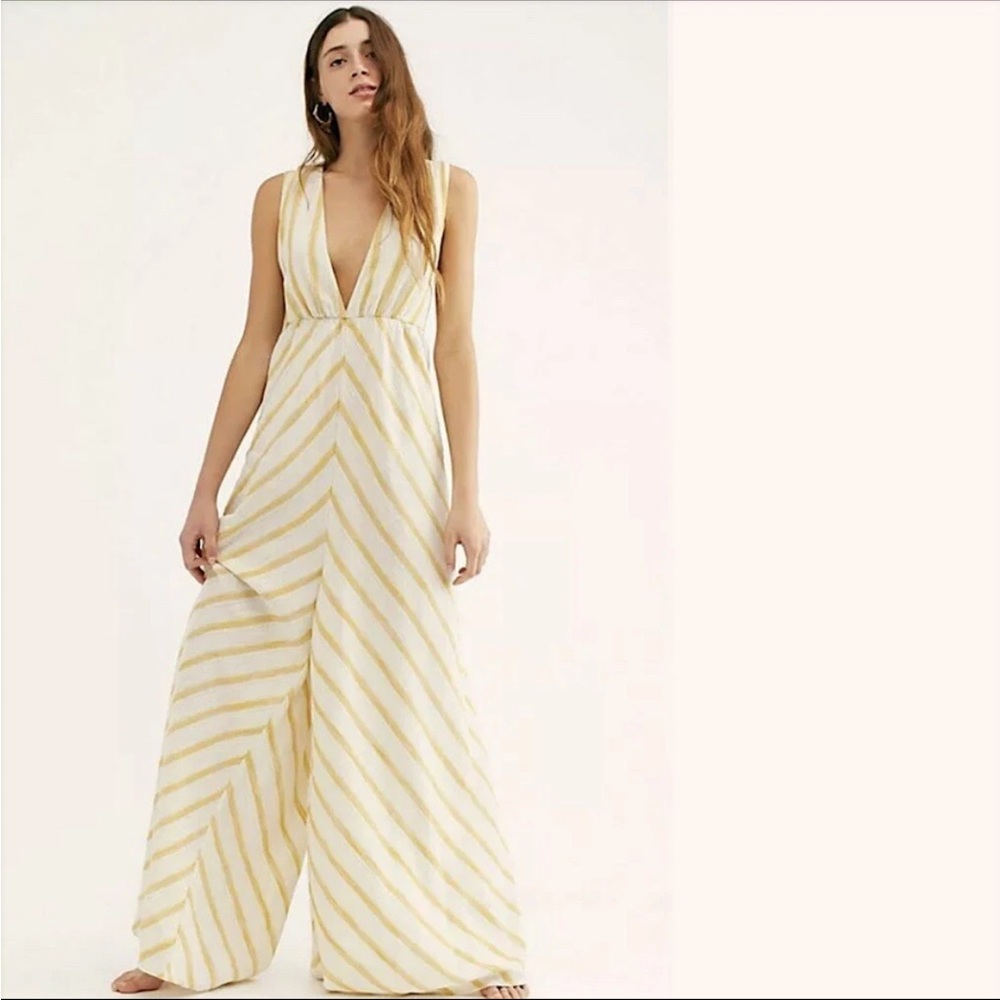 Free People Chevron Yellow and White Jumpsuit small 4 baggy flow pants wide leg